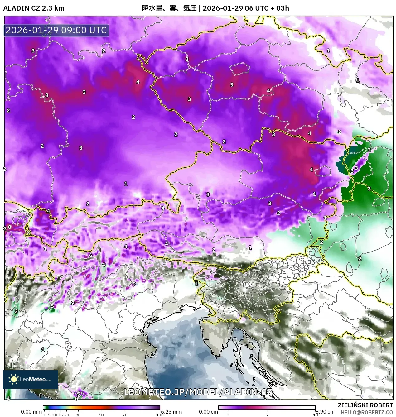 ALADIN CZ 2.3 km model - オーストリア, 降水量、雲、気圧