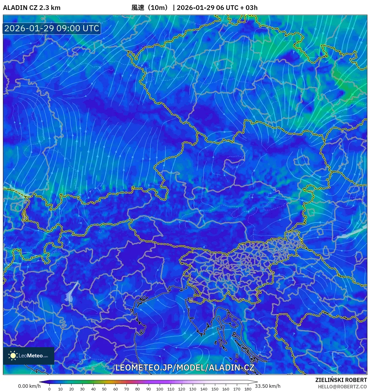 ALADIN CZ 2.3 km model - オーストリア, 風速（10m）