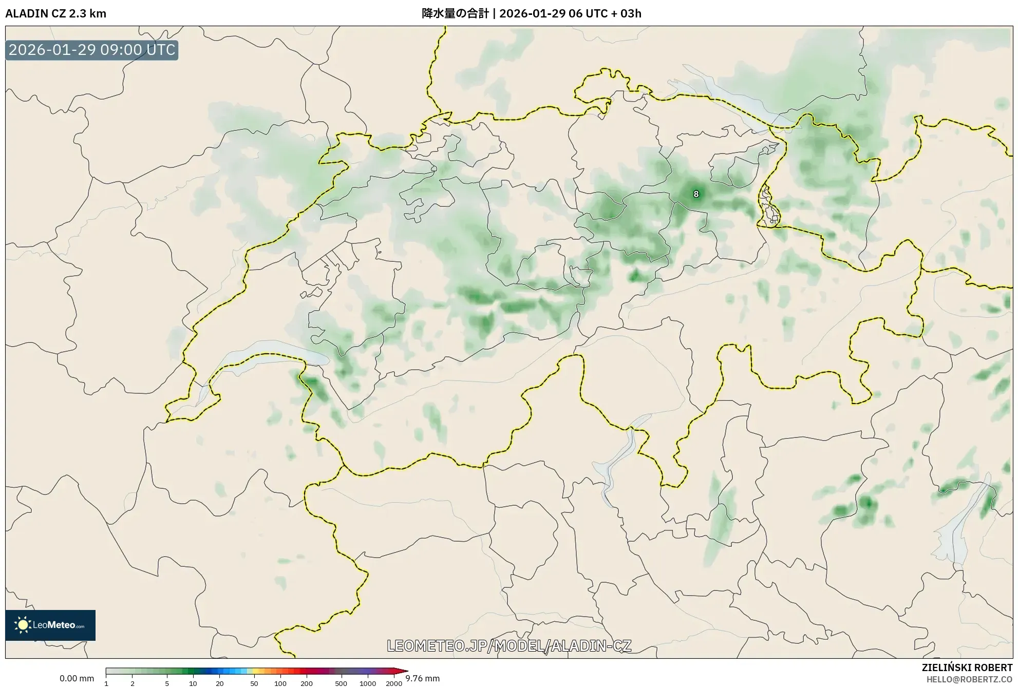ALADIN CZ 2.3 km model - スイス, 降水量の合計