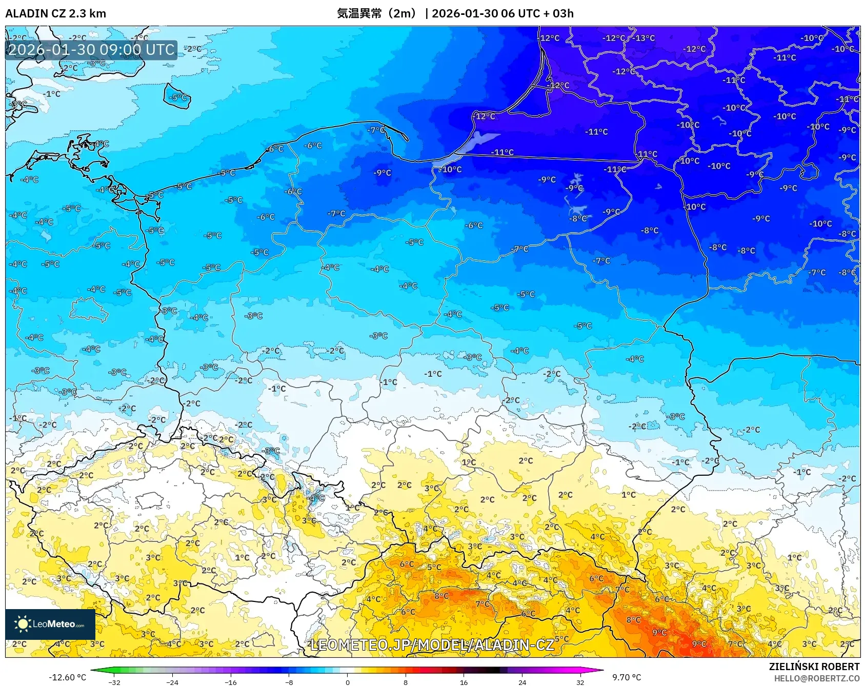 ALADIN CZ 2.3 km model - ポーランド, 気温異常（2m）