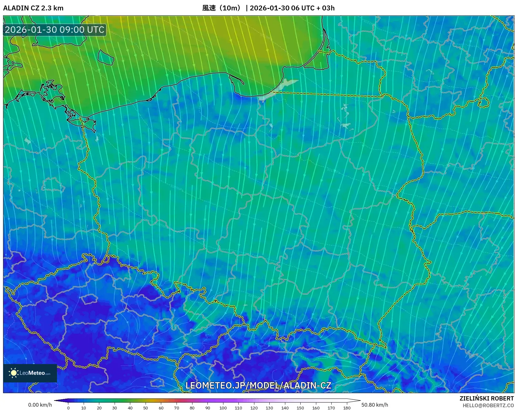 ALADIN CZ 2.3 km model - ポーランド, 風速（10m）