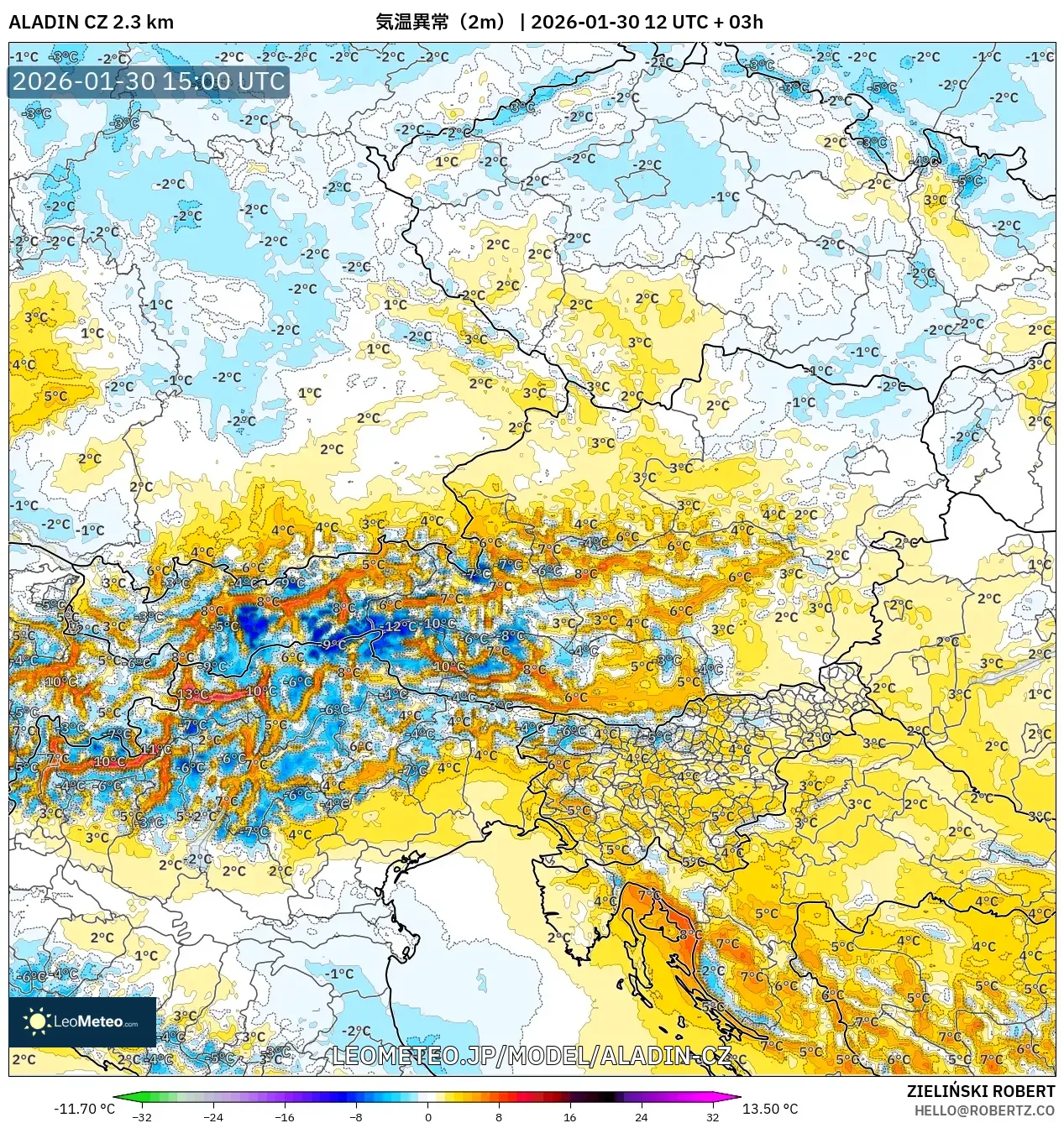 ALADIN CZ 2.3 km model - オーストリア, 気温異常（2m）