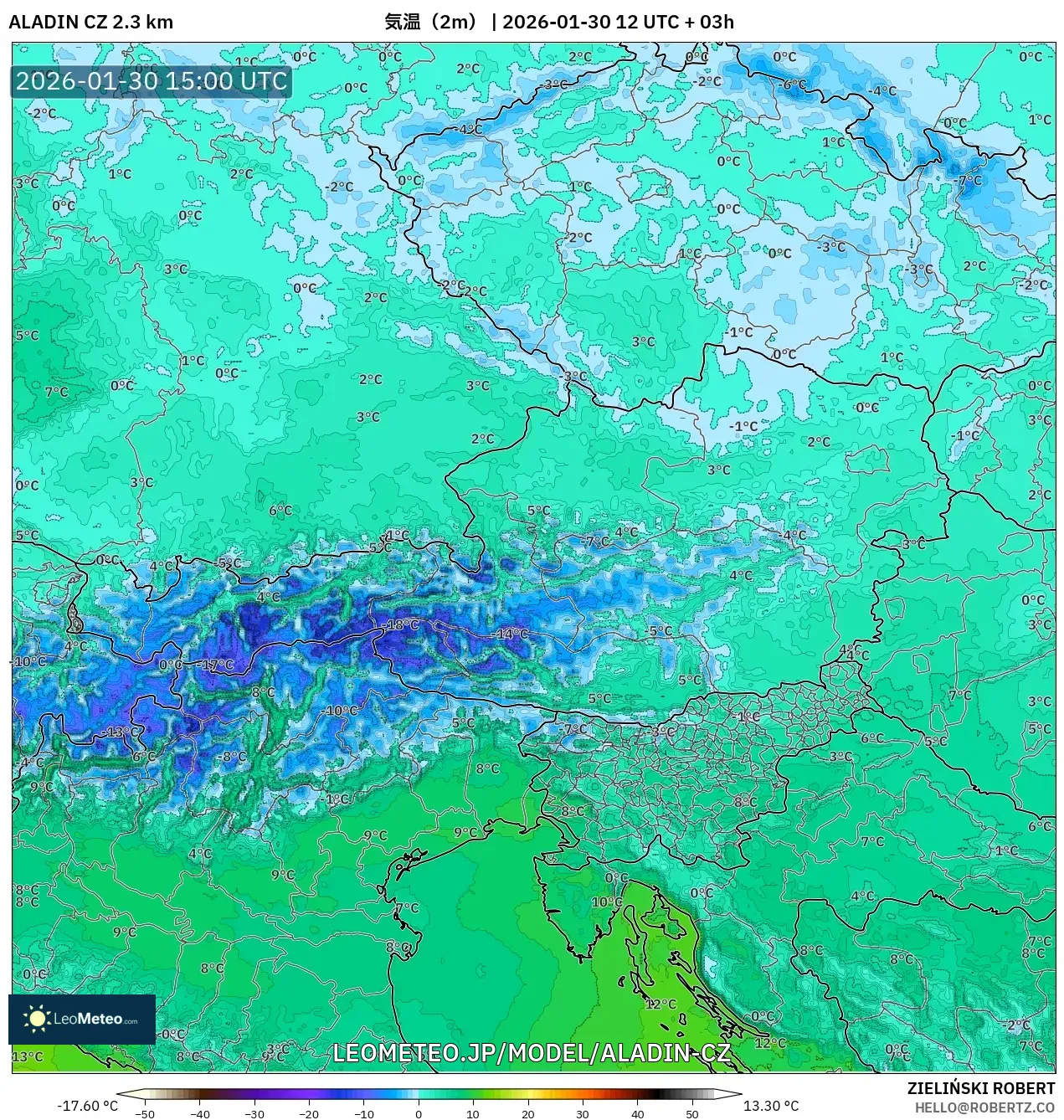 ALADIN CZ 2.3 km model - オーストリア, 気温（2m）