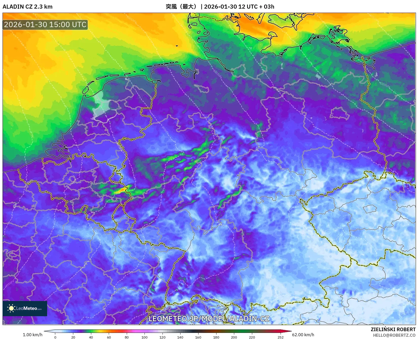 ALADIN CZ 2.3 km model - ドイツ, 突風（最大）