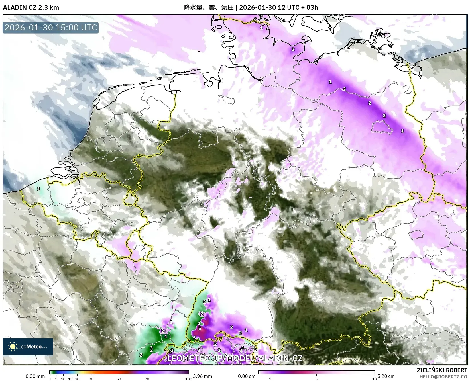 ALADIN CZ 2.3 km model - ドイツ, 降水量、雲、気圧