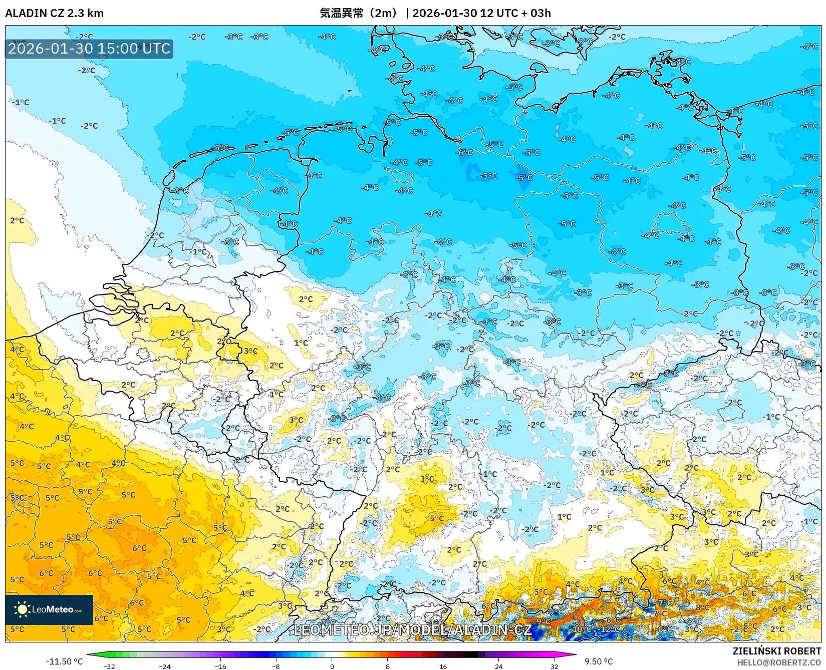 ALADIN CZ 2.3 km model - ドイツ, 気温異常（2m）