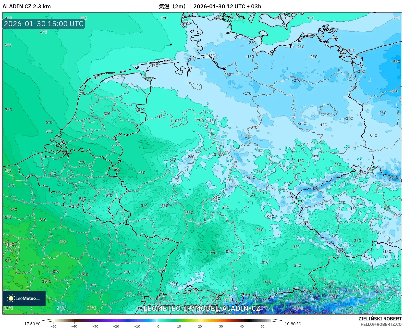 ALADIN CZ 2.3 km model - ドイツ, 気温（2m）