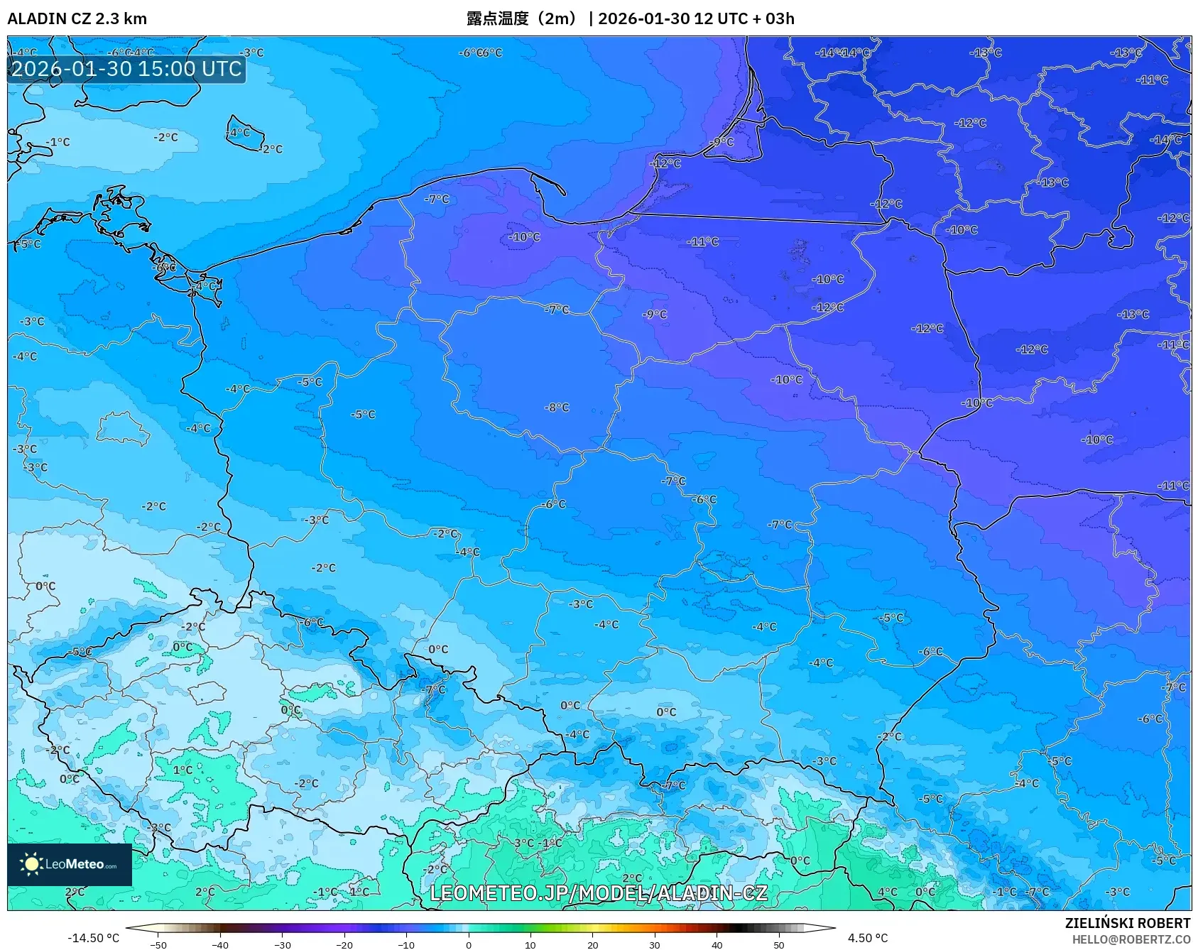 ALADIN CZ 2.3 km model - ポーランド, 露点温度（2m）
