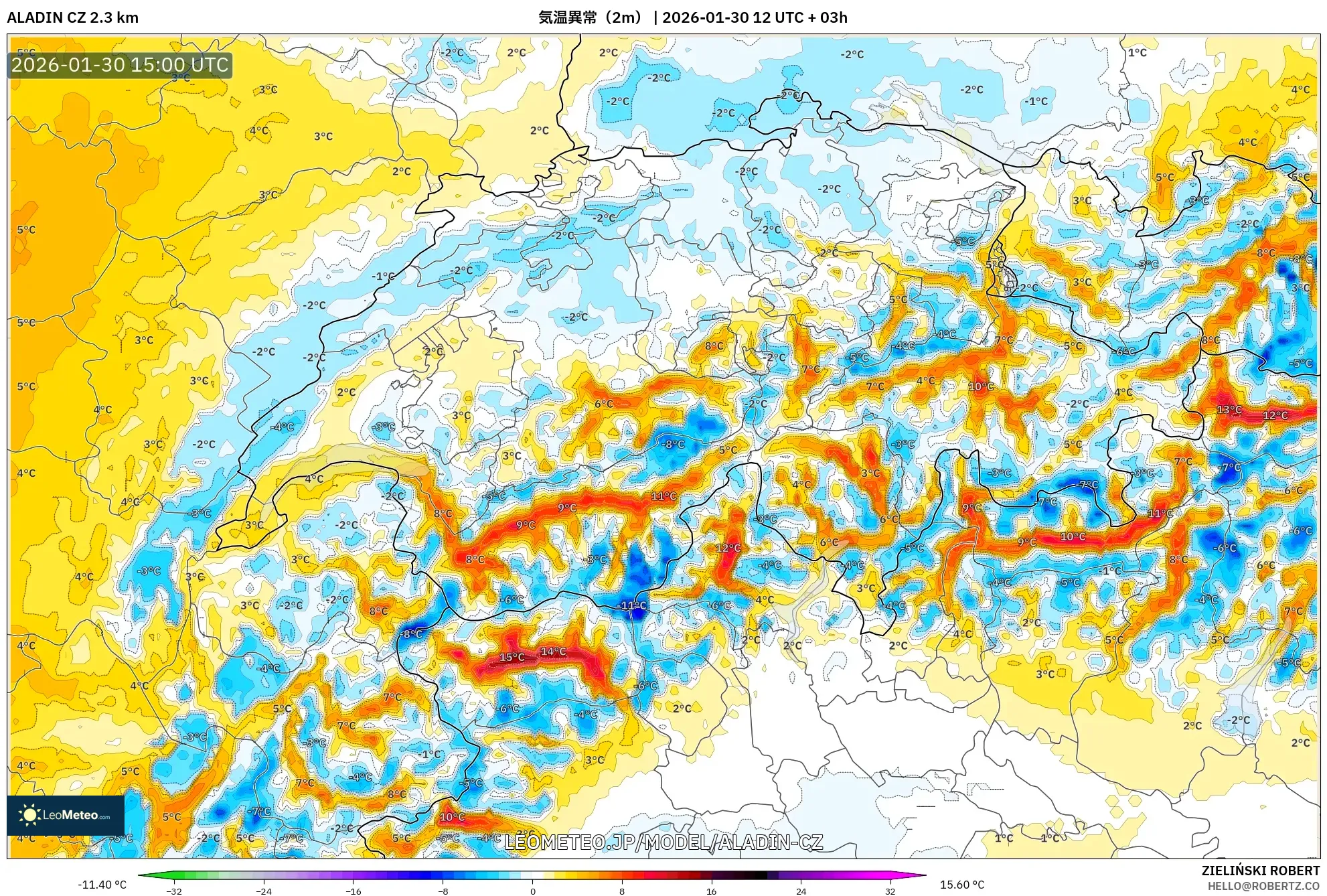 ALADIN CZ 2.3 km model - スイス, 気温異常（2m）