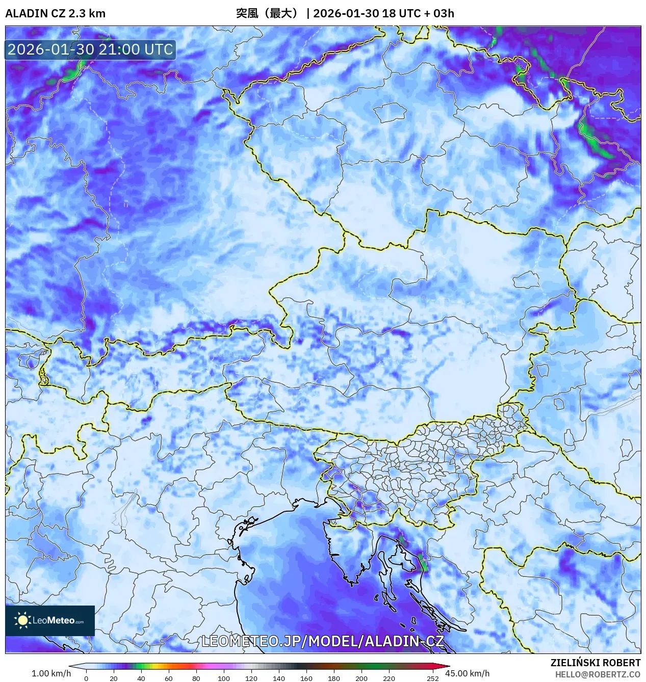 ALADIN CZ 2.3 km model - オーストリア, 突風（最大）