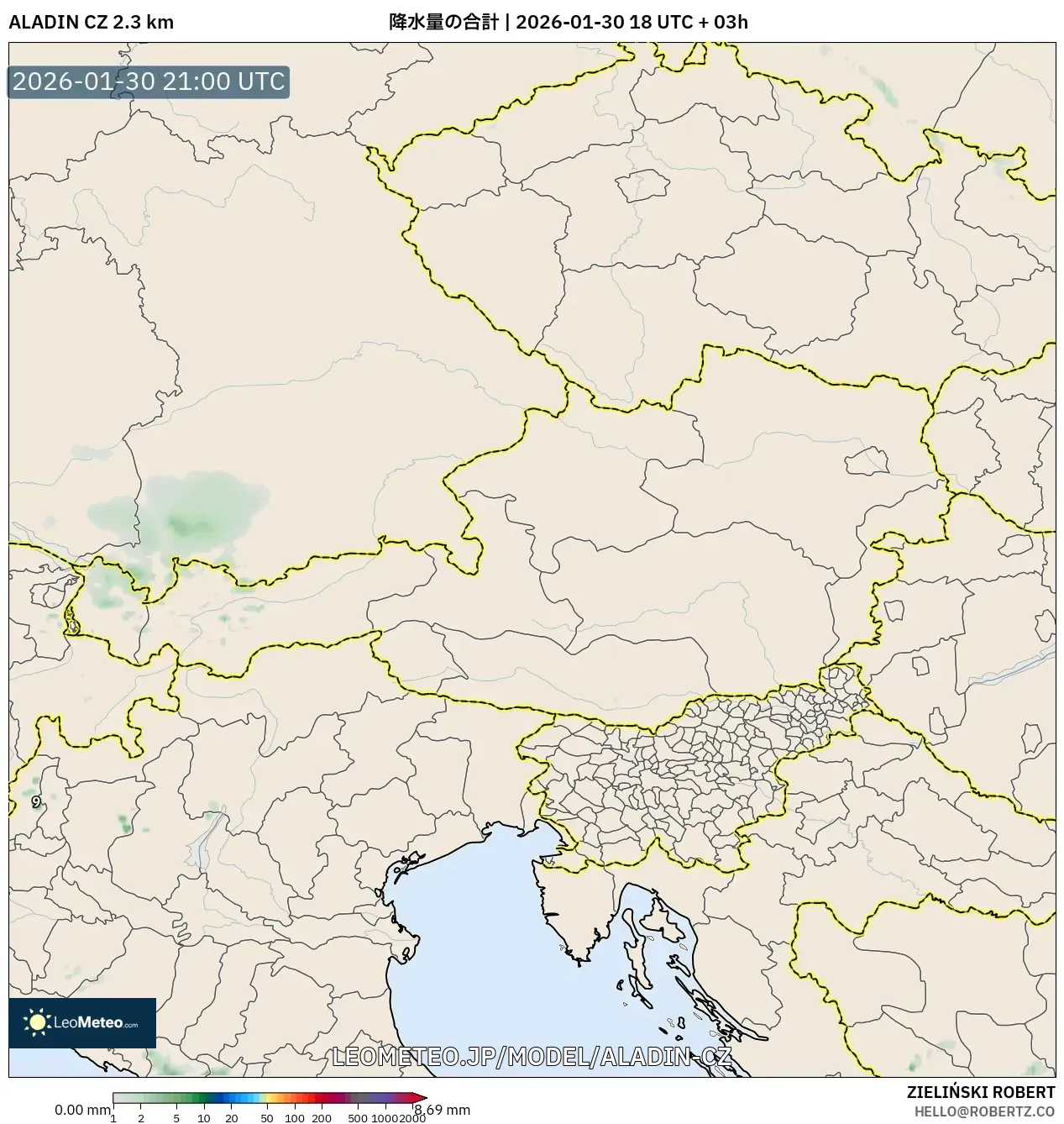 ALADIN CZ 2.3 km model - オーストリア, 降水量の合計