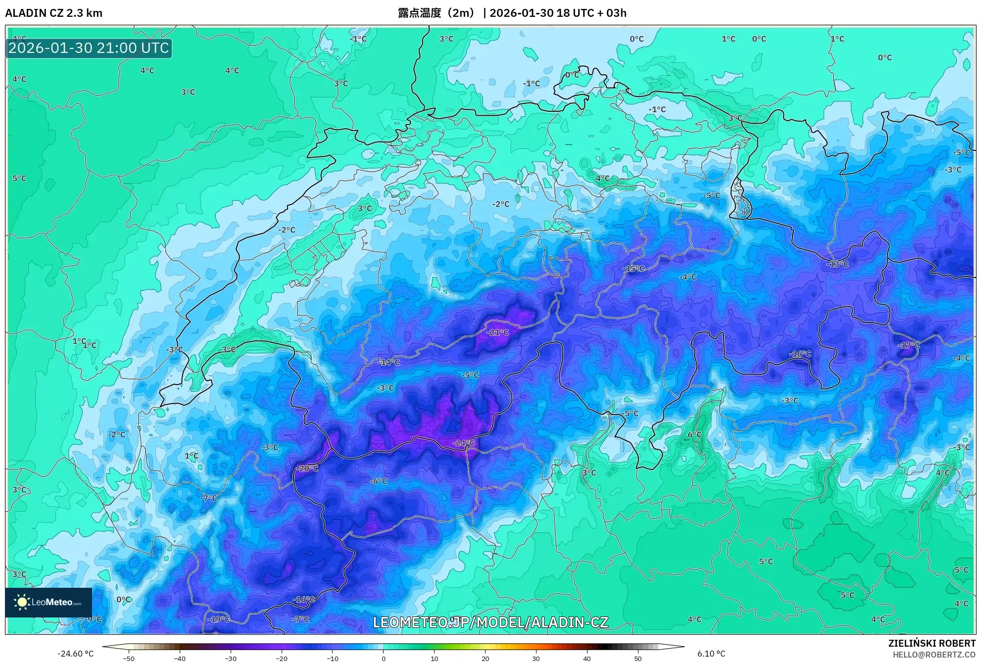 ALADIN CZ 2.3 km model - スイス, 露点温度（2m）