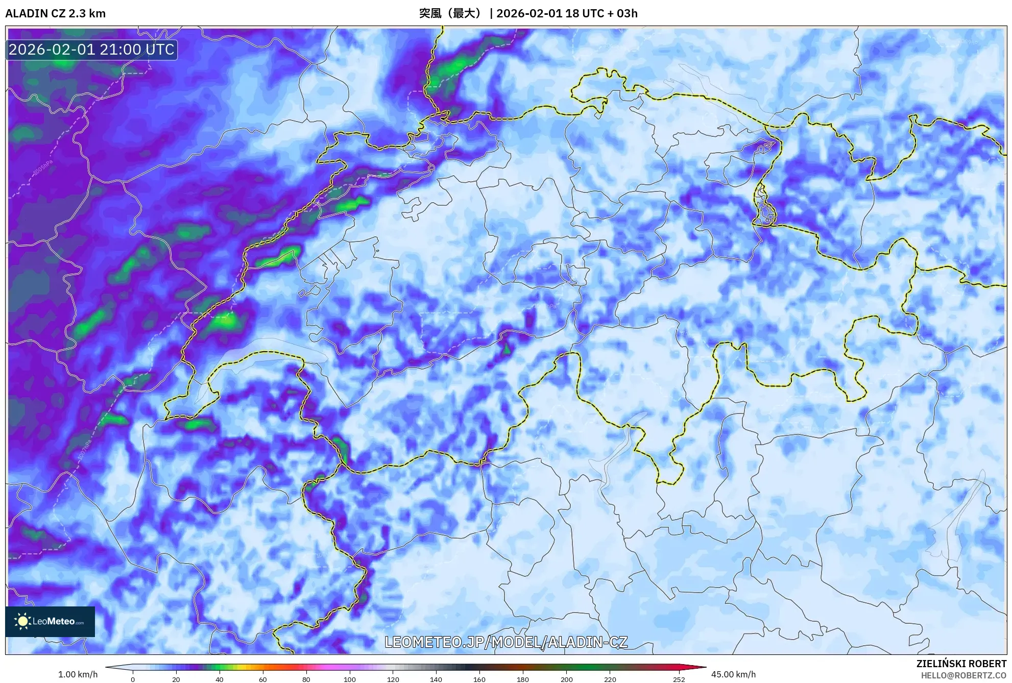 ALADIN CZ 2.3 km model - スイス, 突風（最大）