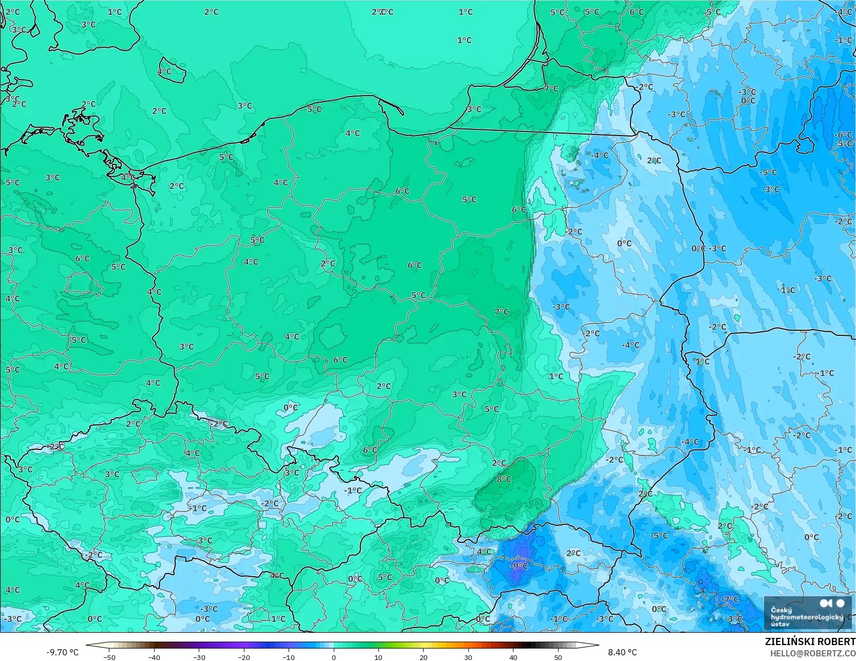 ALADIN CZ 2.3 km モデル - ポーランド, 露点温度（2m）