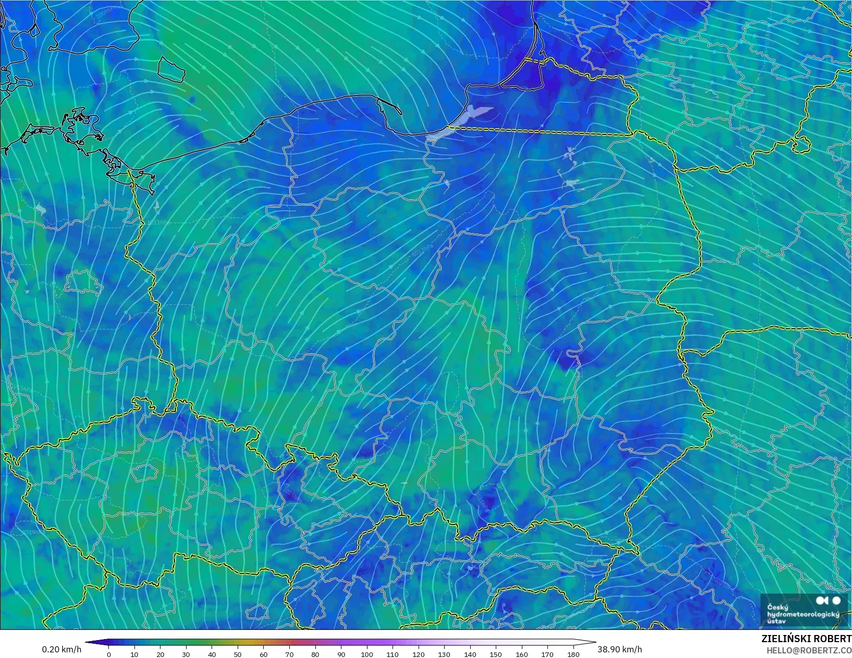 ALADIN CZ 2.3 km モデル - ポーランド, 風速（10m）