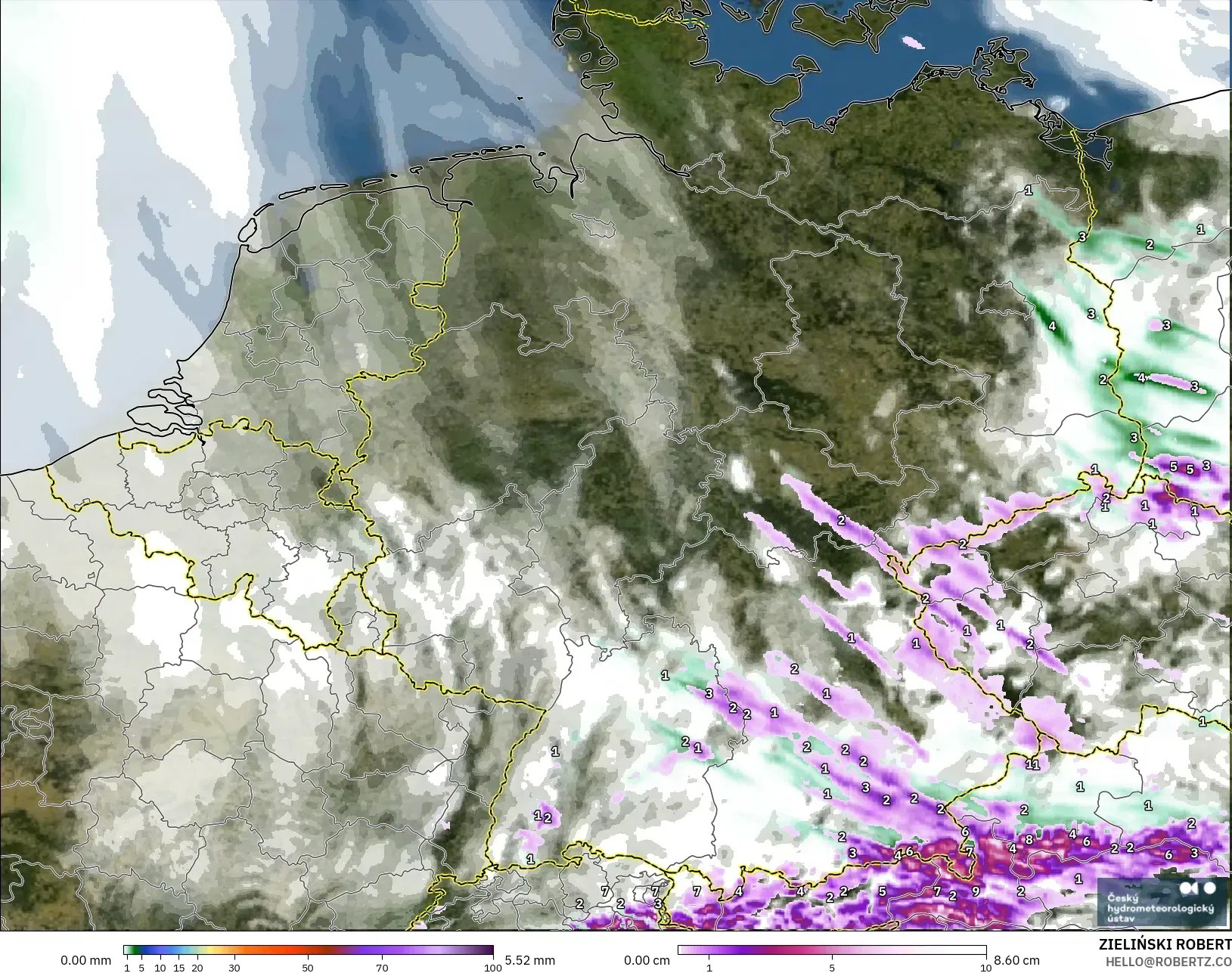 ALADIN CZ 2.3 km モデル - ドイツ, 降水量、雲、気圧