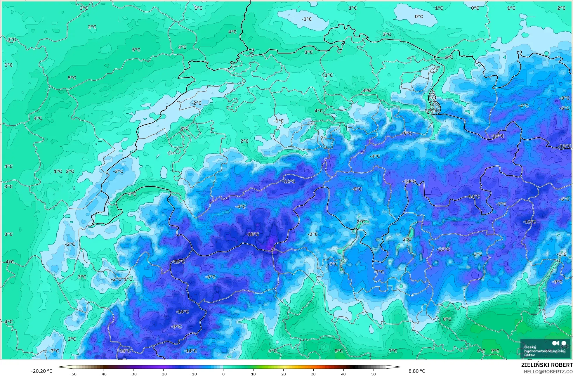 ALADIN CZ 2.3 km モデル - スイス, 露点温度（2m）