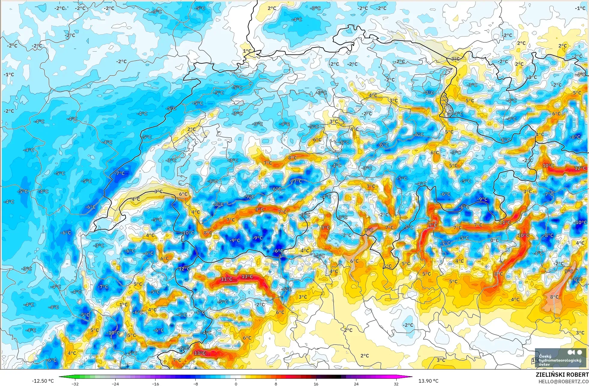 ALADIN CZ 2.3 km モデル - スイス, 気温異常（2m）