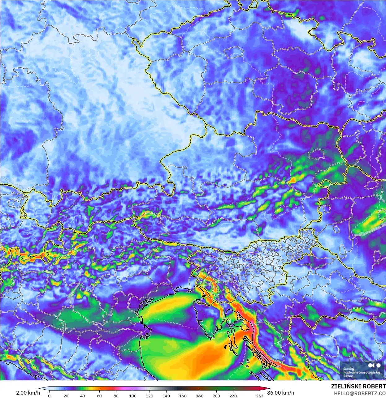 ALADIN CZ 2.3 km モデル - オーストリア, 突風（最大）
