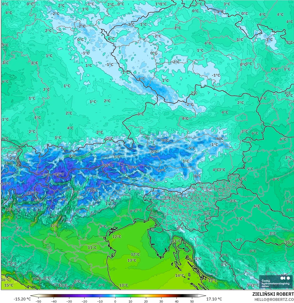 ALADIN CZ 2.3 km モデル - オーストリア, 気温（2m）