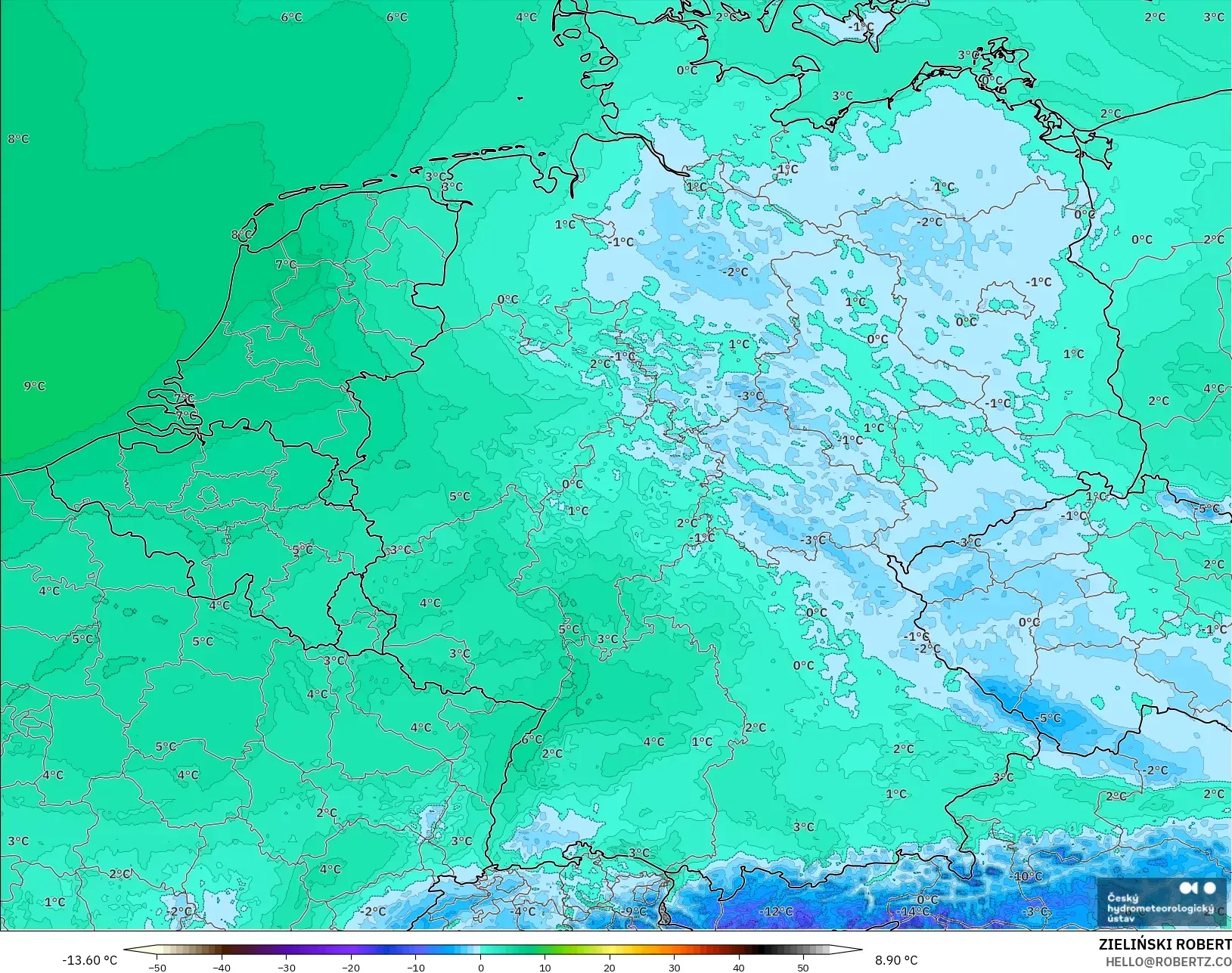 ALADIN CZ 2.3 km モデル - ドイツ, 露点温度（2m）