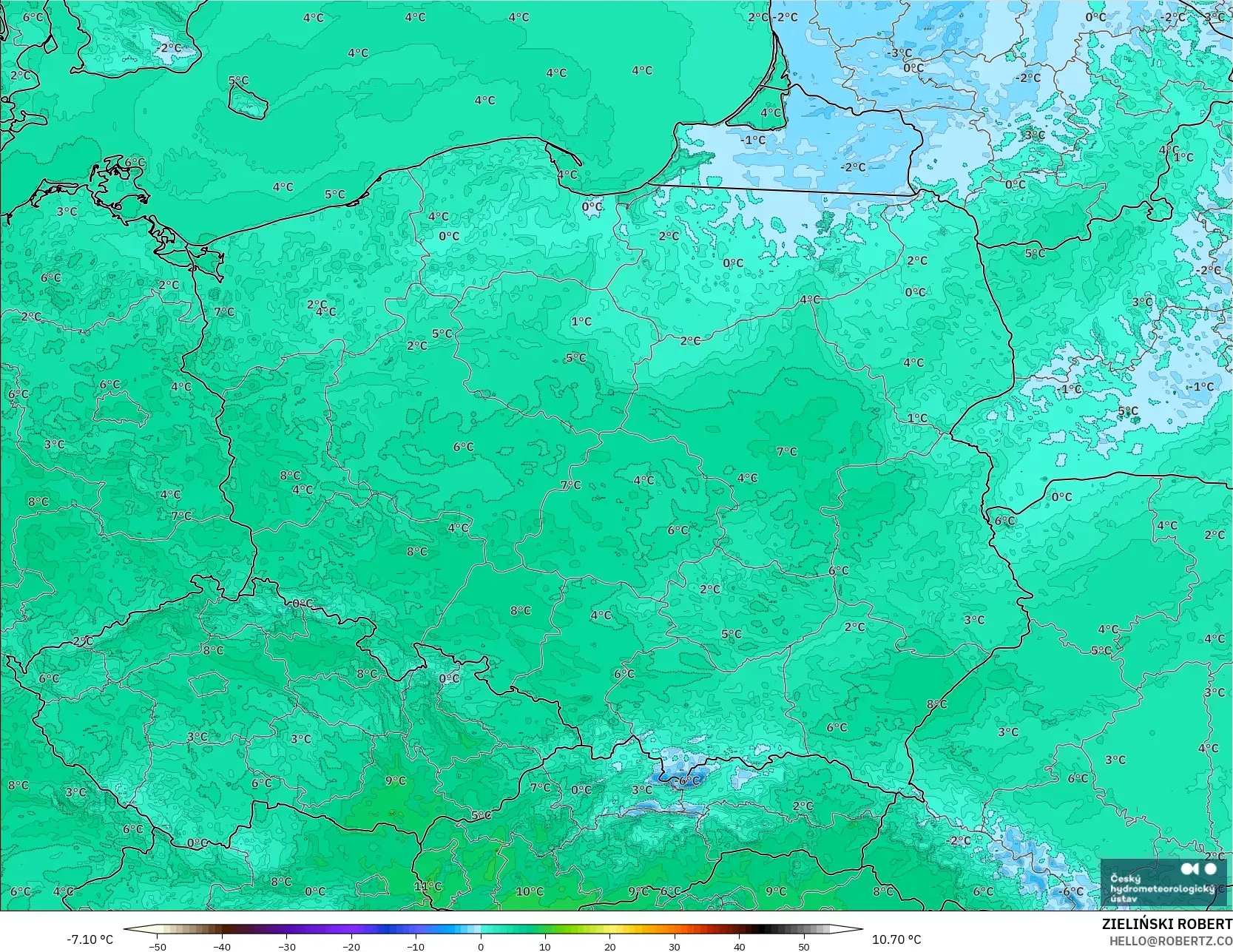 ALADIN CZ 2.3 km モデル - ポーランド, 気温（2m）