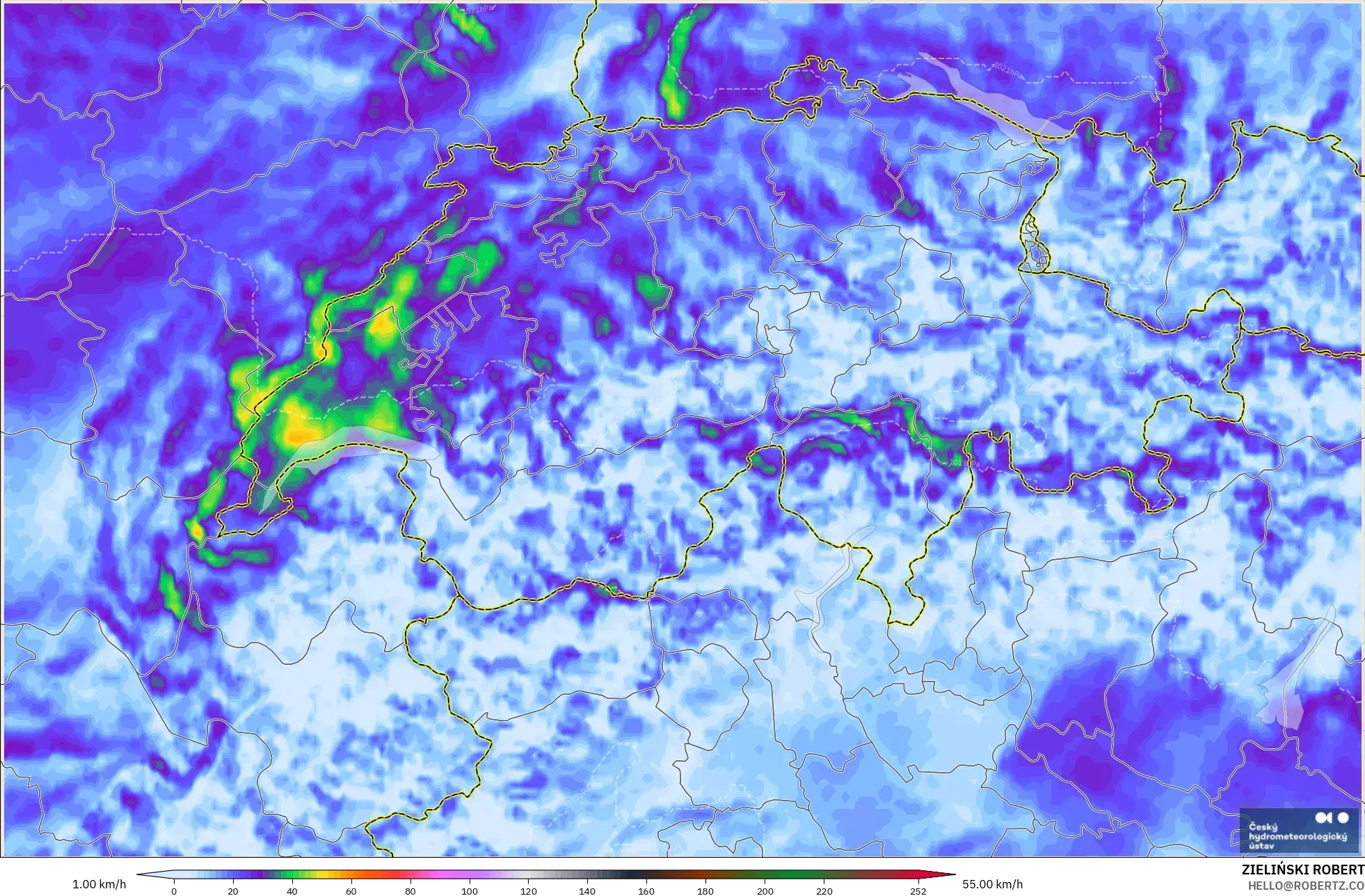 ALADIN CZ 2.3 km モデル - スイス, 突風（最大）