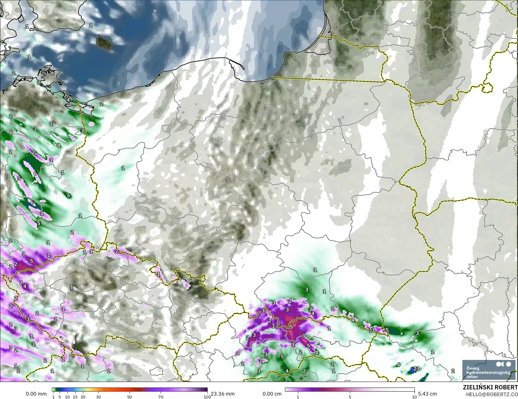 ALADIN CZ 2.3 km モデル - ポーランド, 降水量、雲、気圧