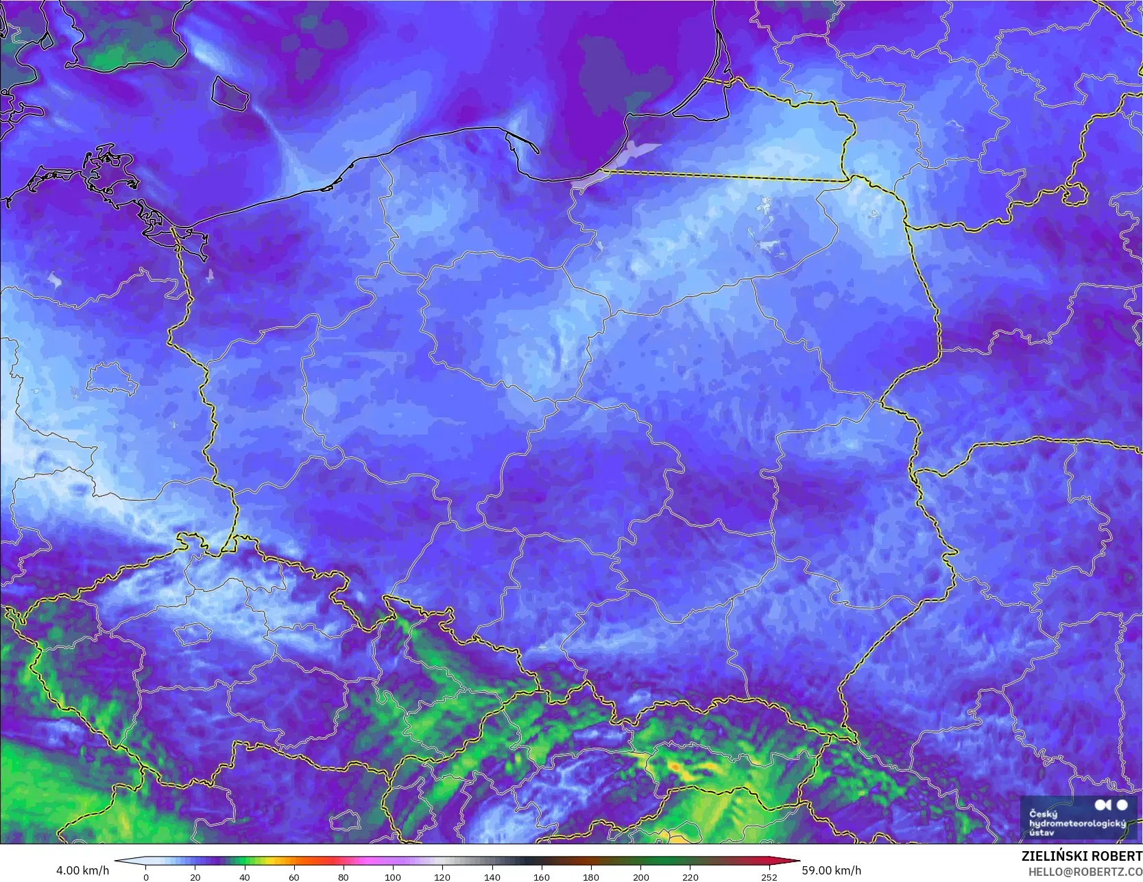 ALADIN CZ 2.3 km モデル - ポーランド, 突風