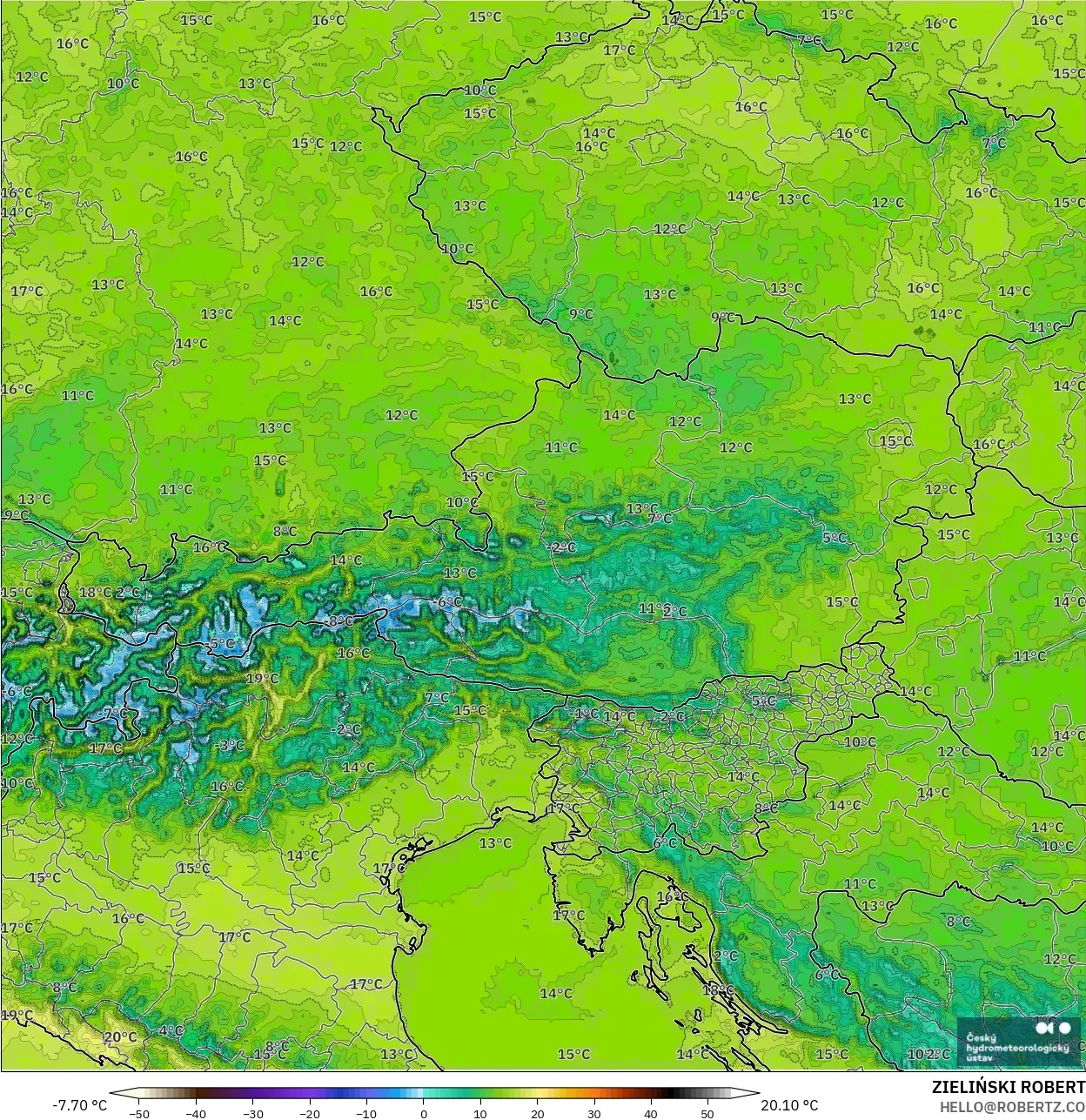 ALADIN CZ 2.3 km モデル - オーストリア, 気温（2m）