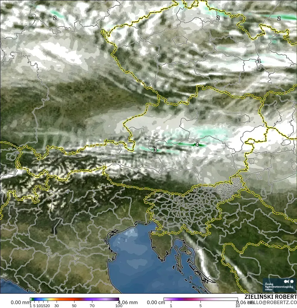 ALADIN CZ 2.3 km モデル - オーストリア, 降水量、雲、気圧
