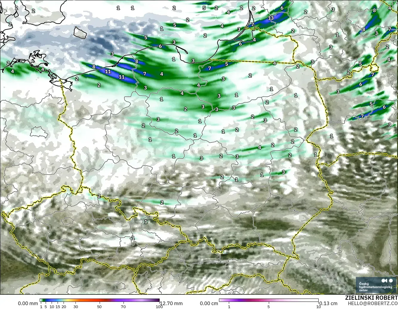 ALADIN CZ 2.3 km モデル - ポーランド, 降水量、雲、気圧