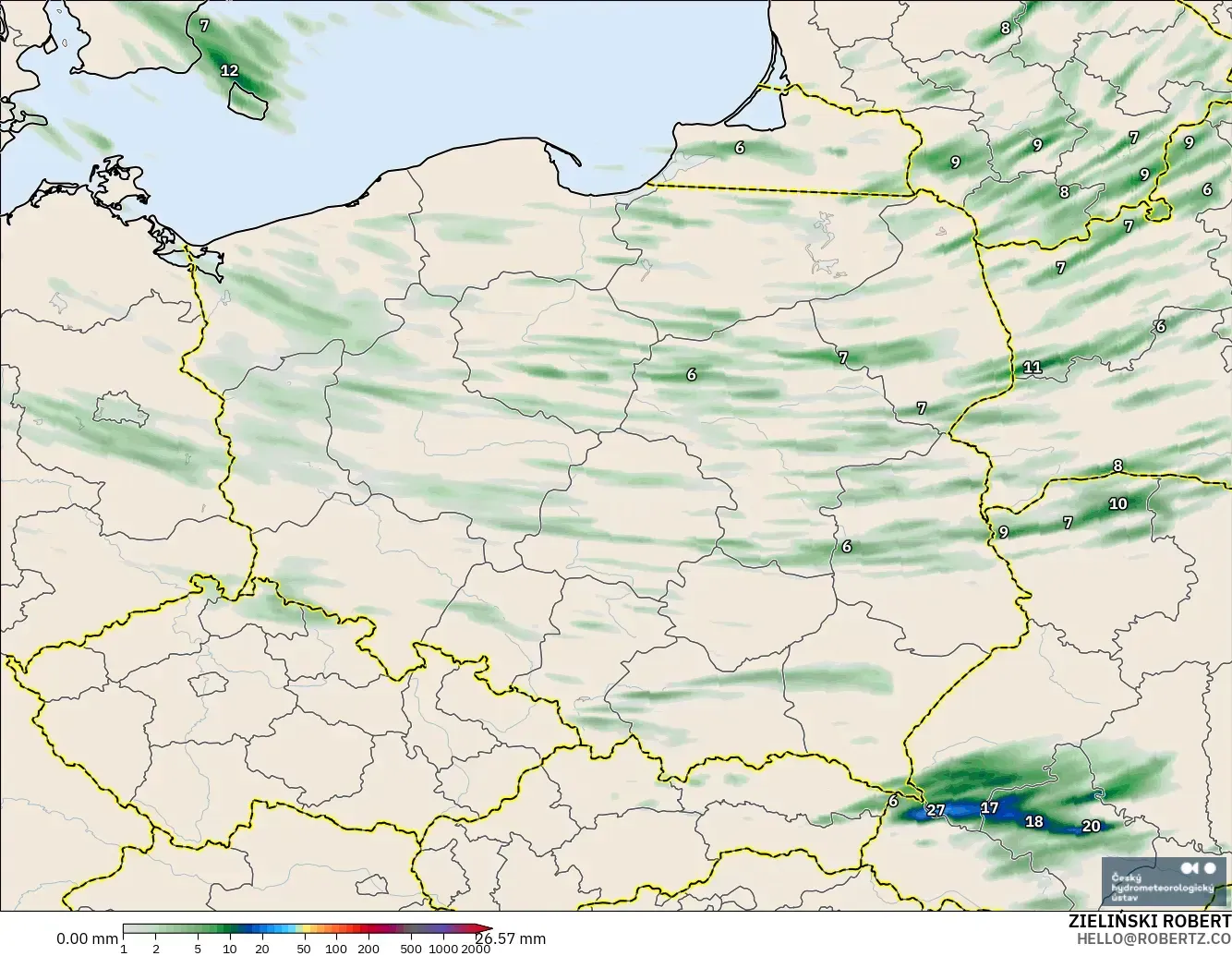 ALADIN CZ 2.3 km モデル - ポーランド, 降水量の合計