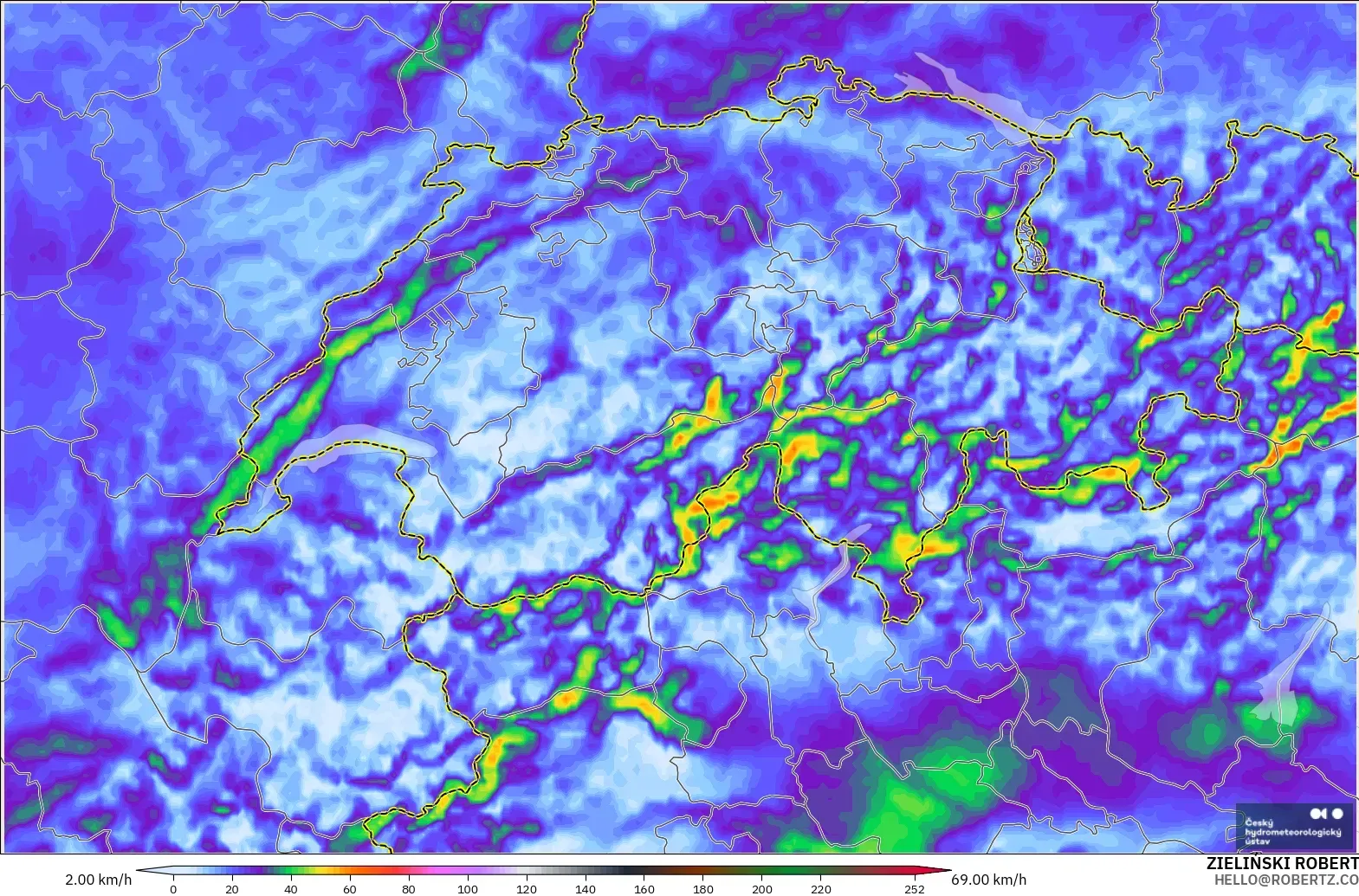 ALADIN CZ 2.3 km モデル - スイス, 突風