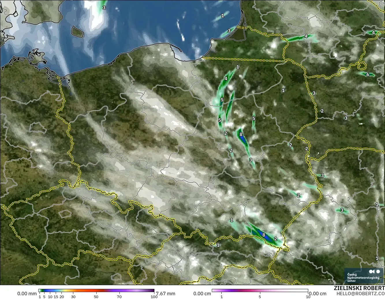 ALADIN CZ 2.3 km モデル - ポーランド, 降水量、雲、気圧