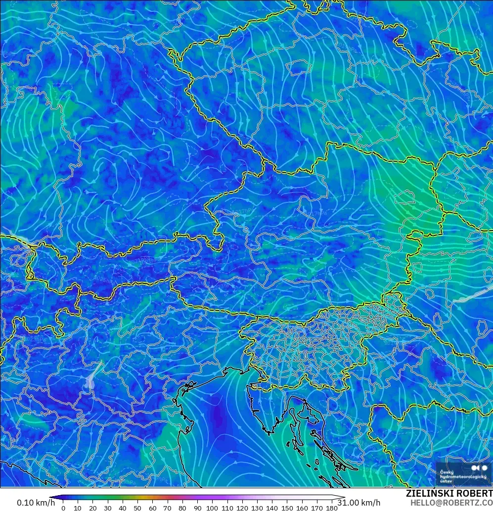 ALADIN CZ 2.3 km モデル - オーストリア, 風速（10m）