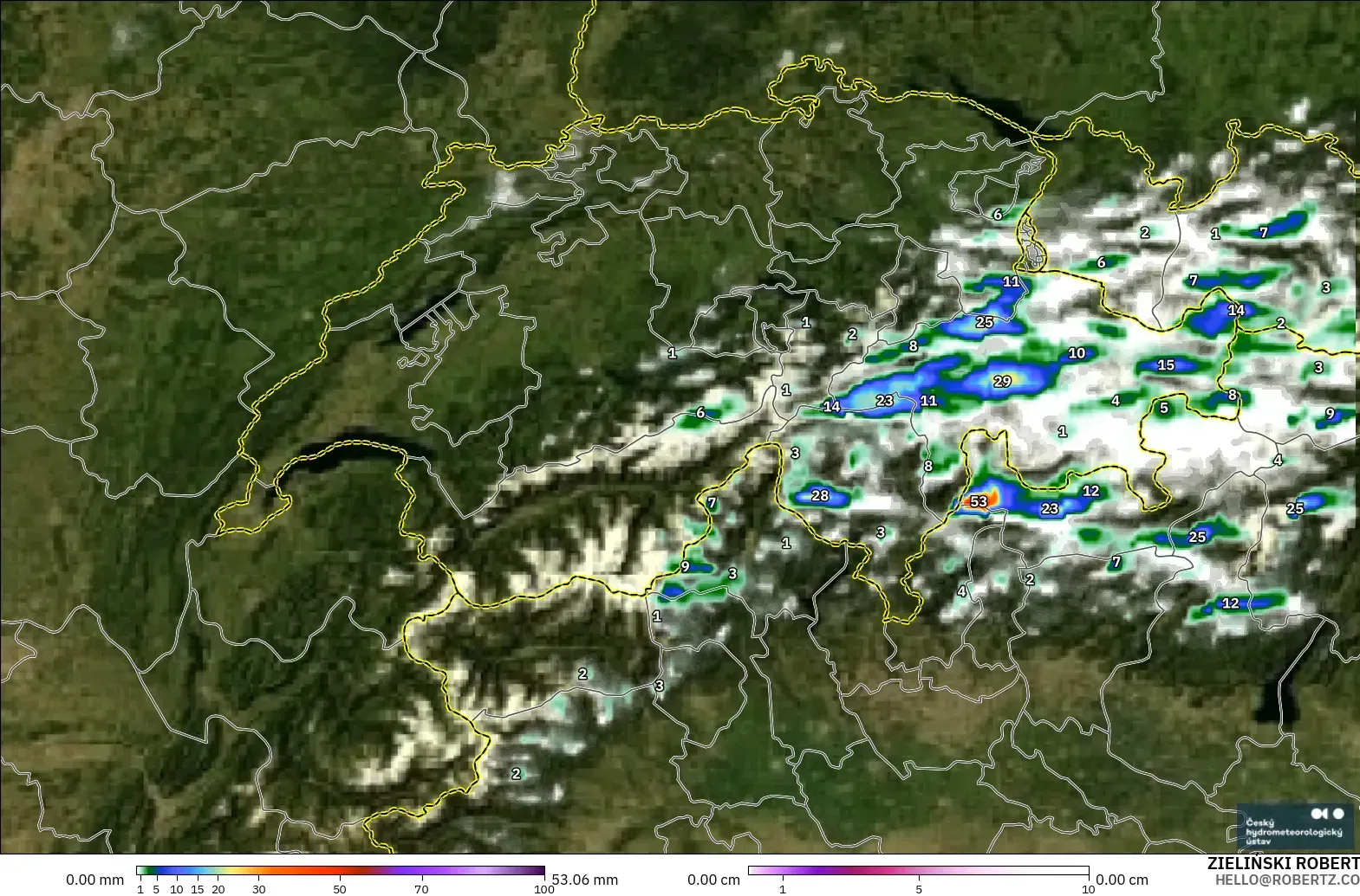 ALADIN CZ 2.3 km モデル - スイス, 降水量、雲、気圧