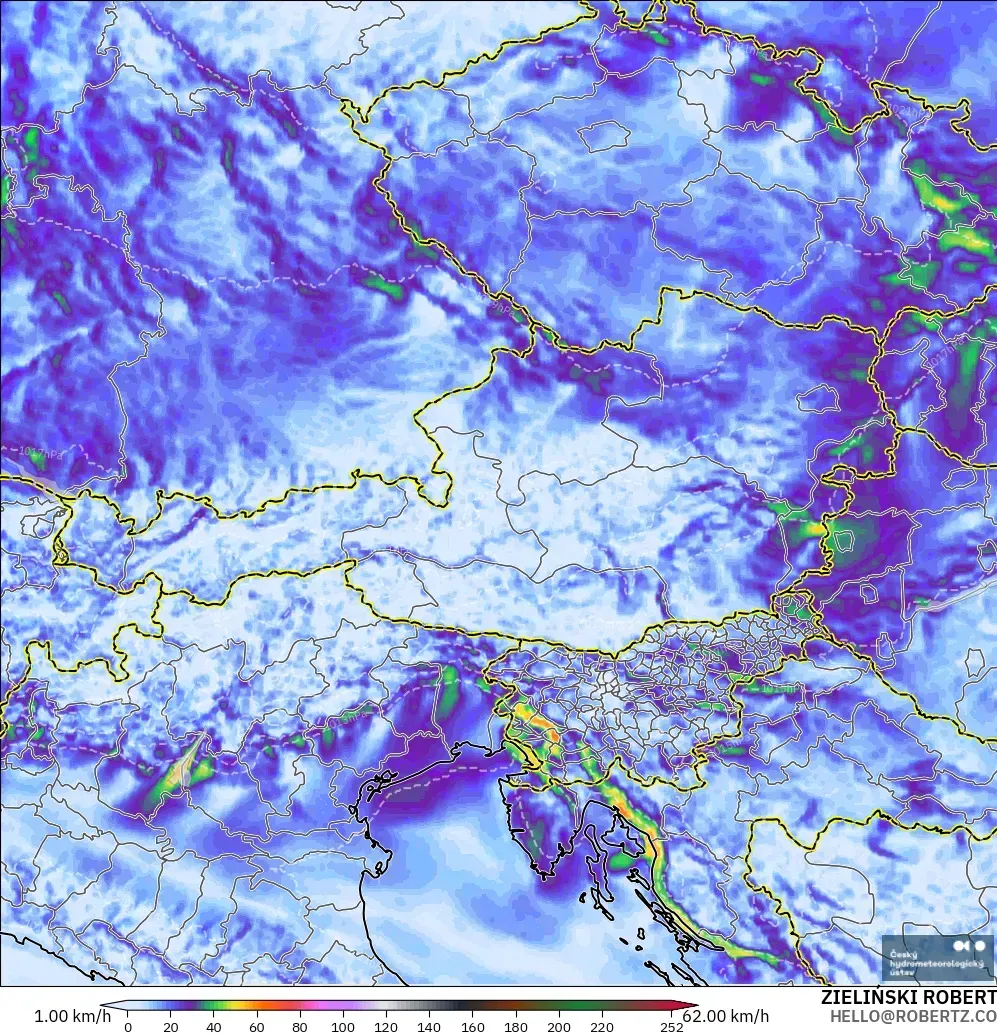 ALADIN CZ 2.3 km モデル - オーストリア, 突風（最大）