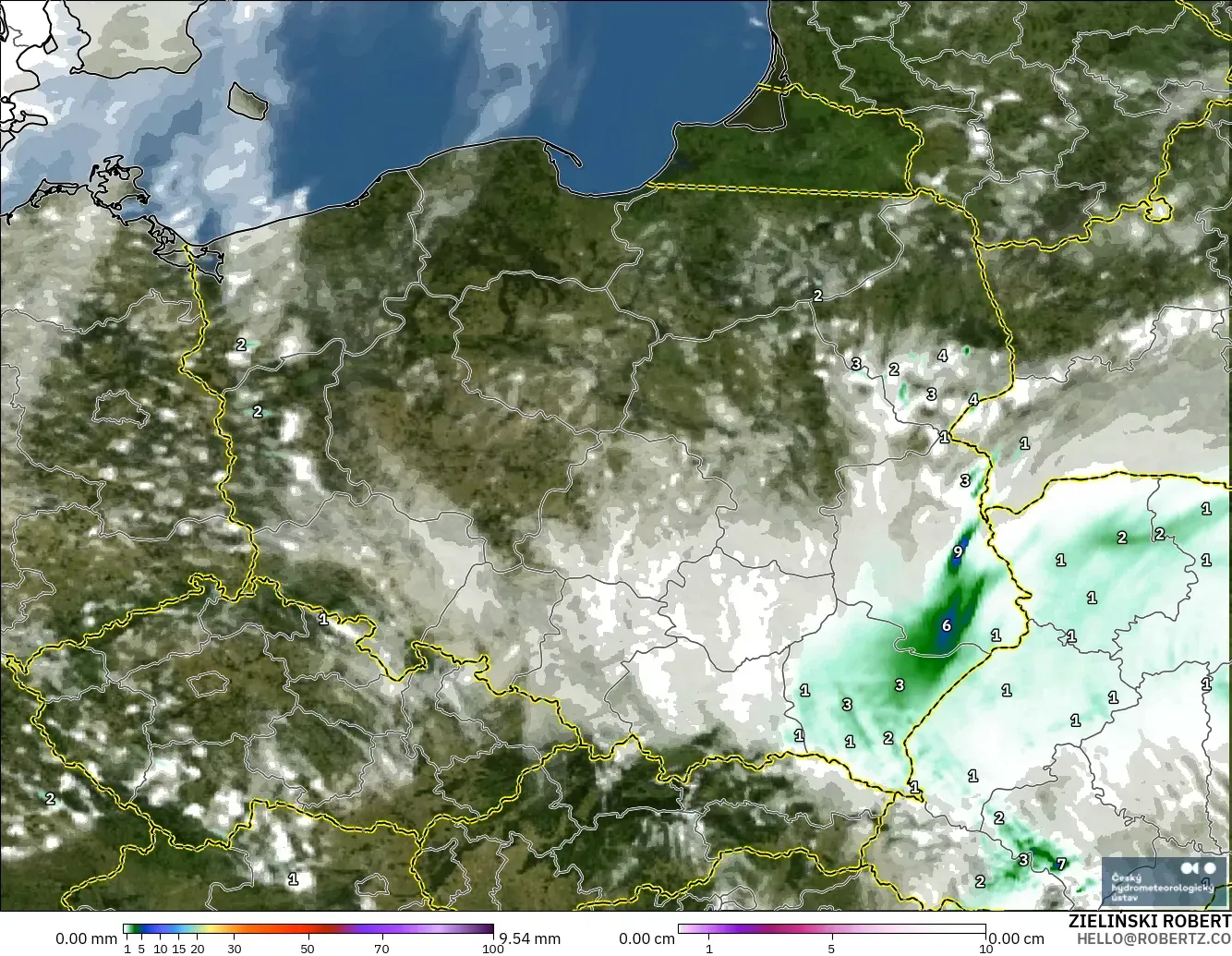 ALADIN CZ 2.3 km モデル - ポーランド, 降水量、雲、気圧