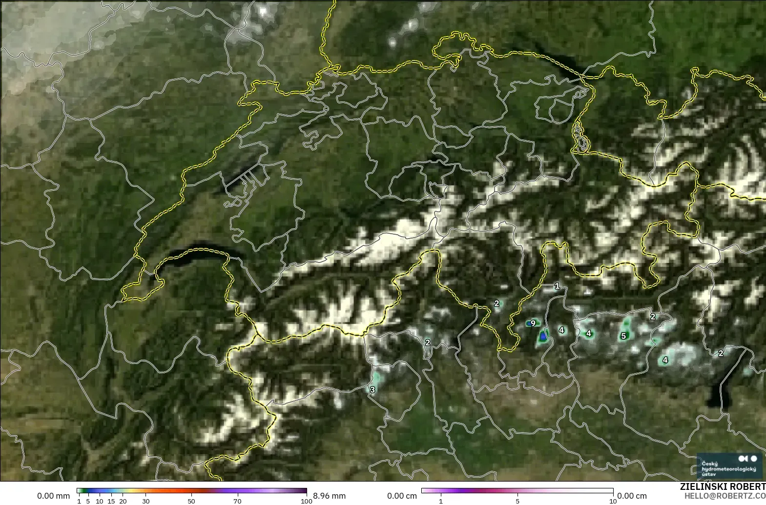 ALADIN CZ 2.3 km モデル - スイス, 降水量、雲、気圧