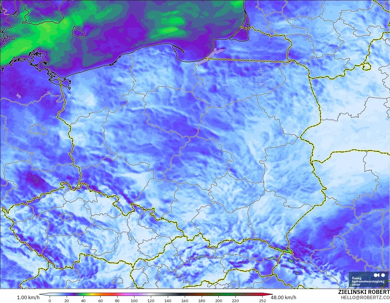 ALADIN CZ 2.3 km モデル - ポーランド, 突風