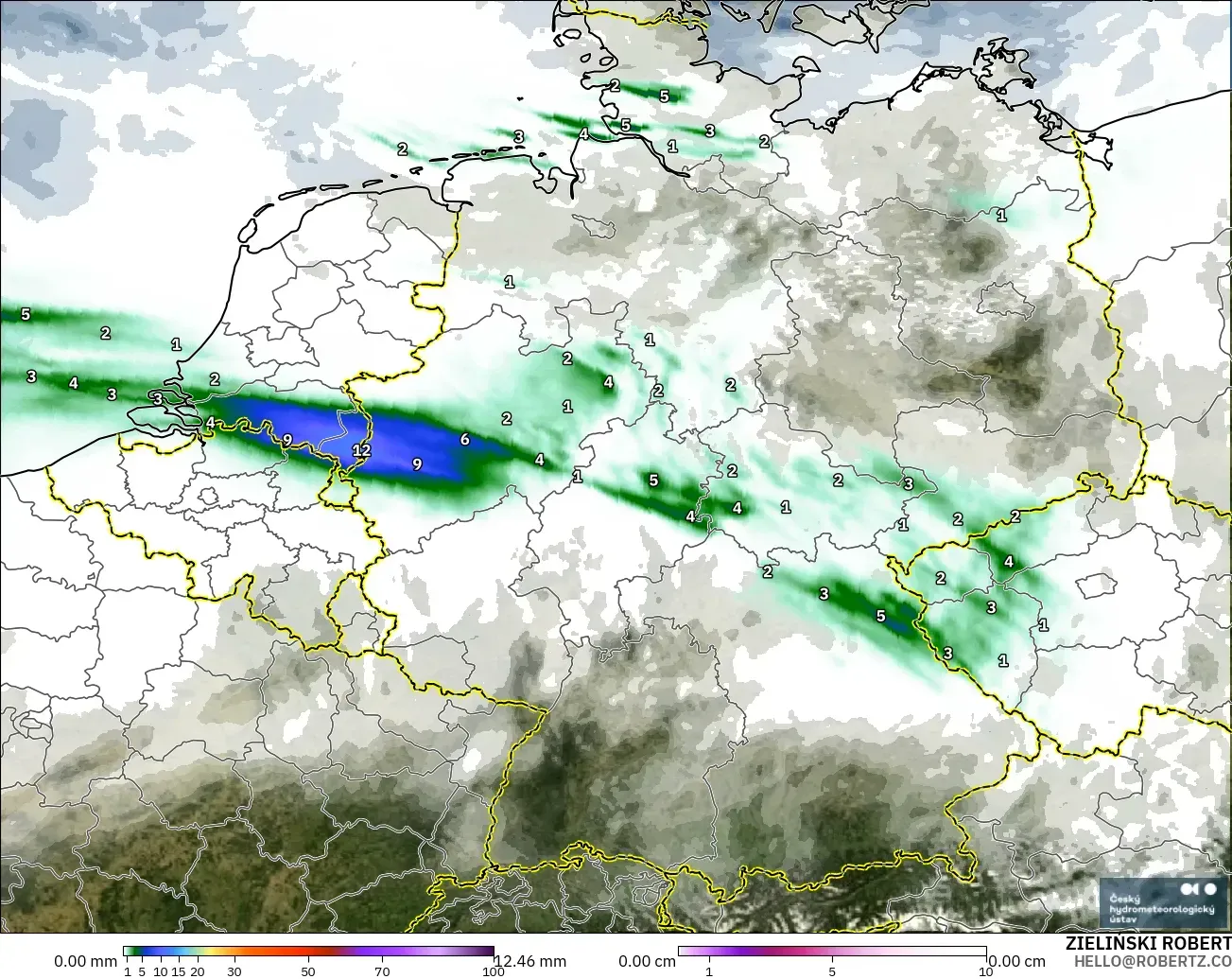 ALADIN CZ 2.3 km モデル - ドイツ, 降水量、雲、気圧