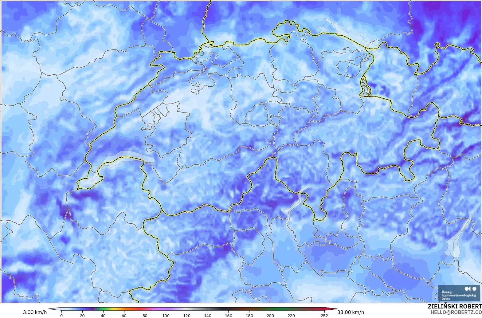 ALADIN CZ 2.3 km モデル - スイス, 突風