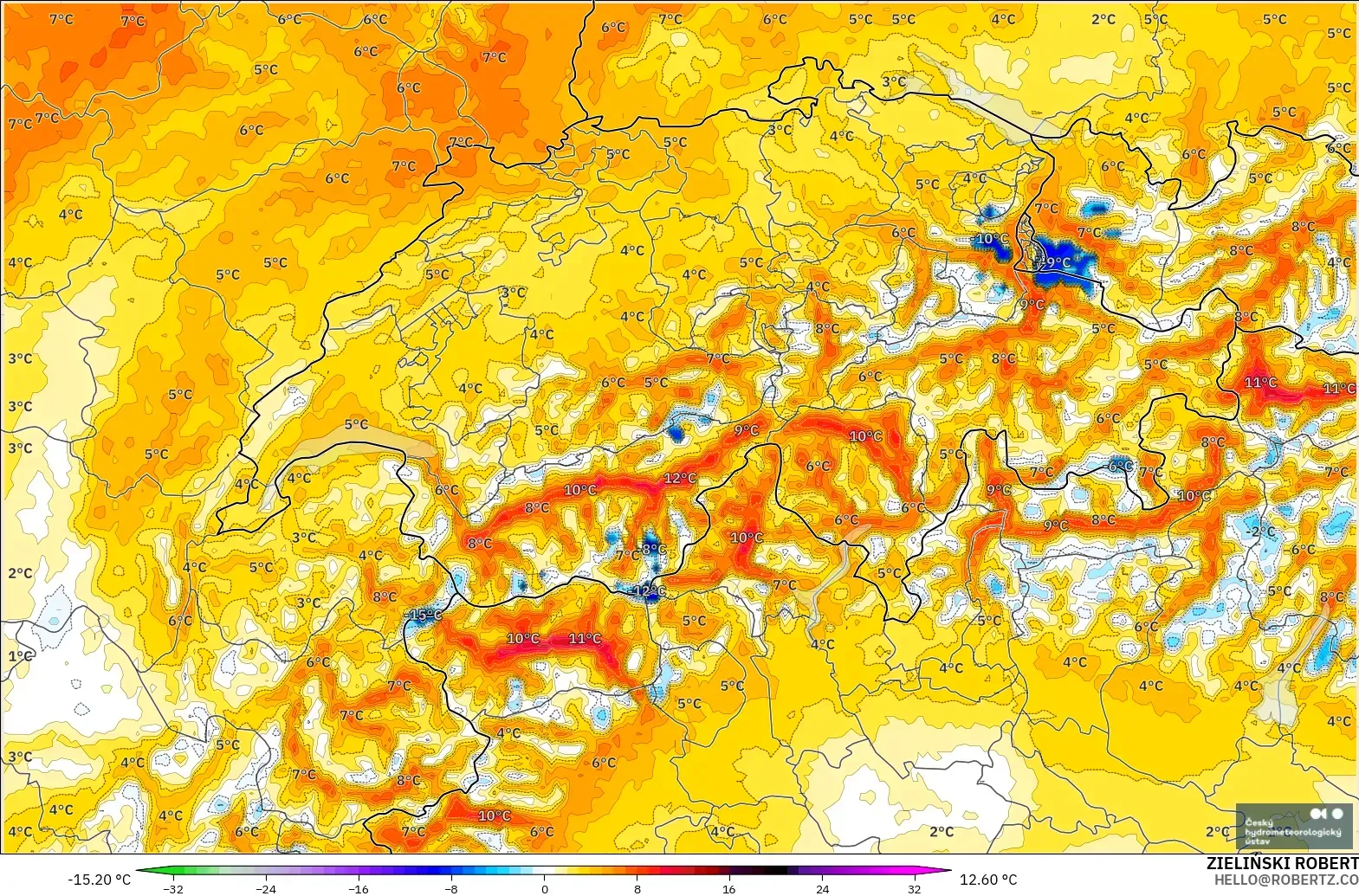 ALADIN CZ 2.3 km モデル - スイス, 気温異常（2m）