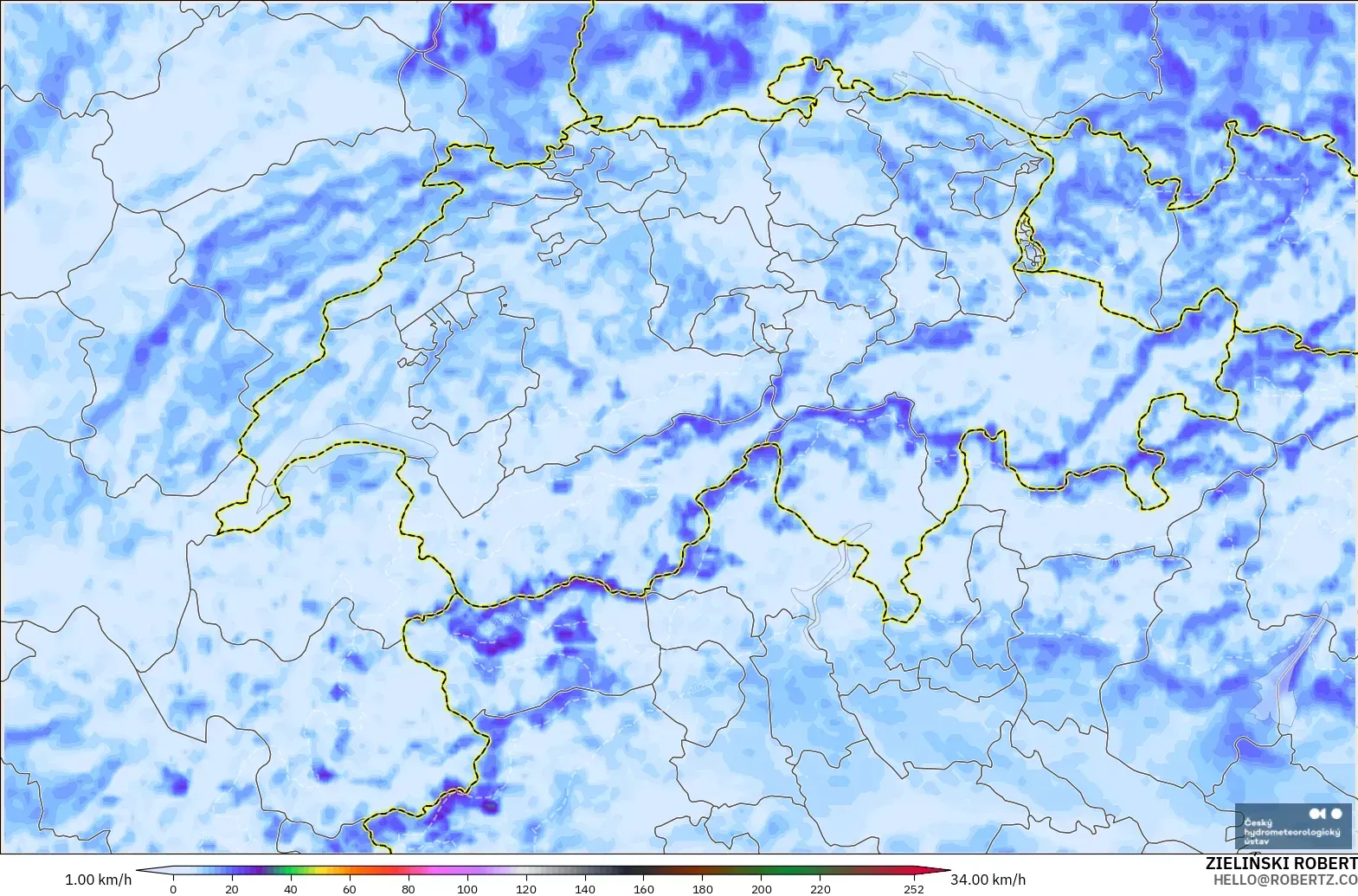 ALADIN CZ 2.3 km モデル - スイス, 突風（最大）