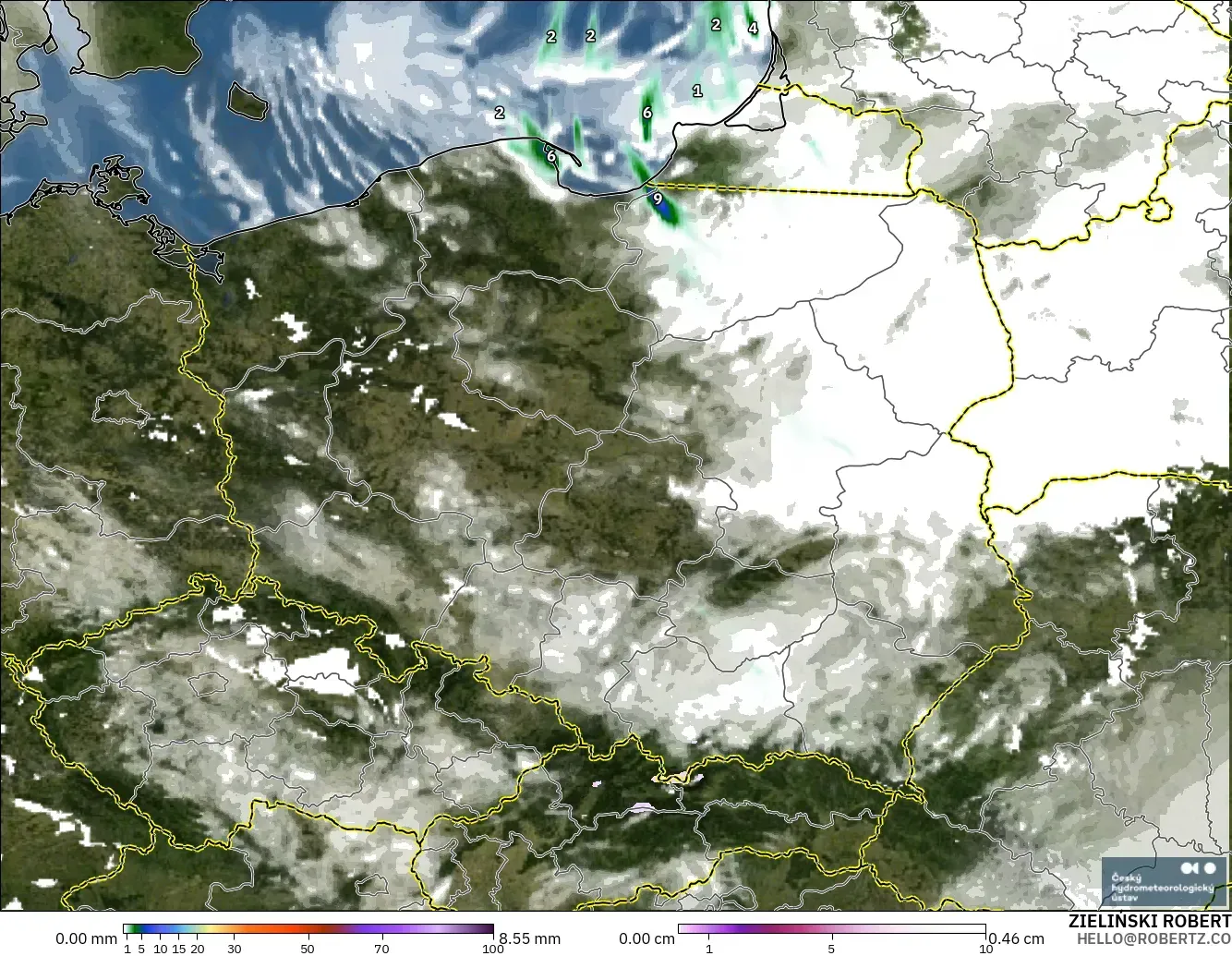 ALADIN CZ 2.3 km モデル - ポーランド, 降水量、雲、気圧