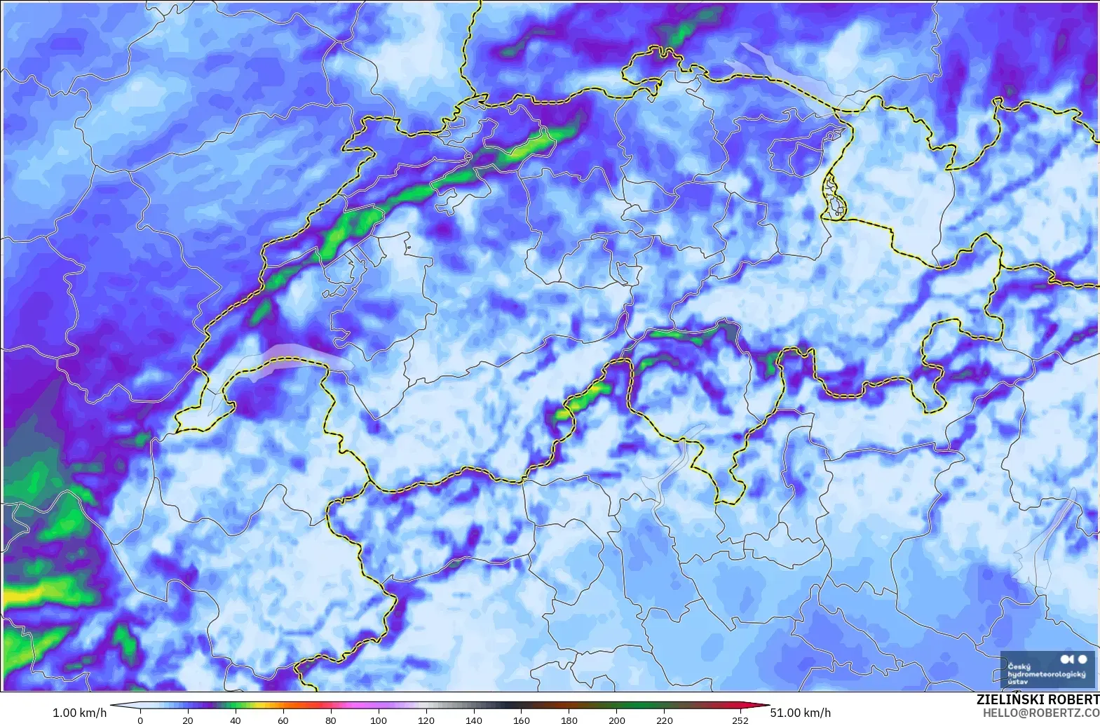 ALADIN CZ 2.3 km モデル - スイス, 突風