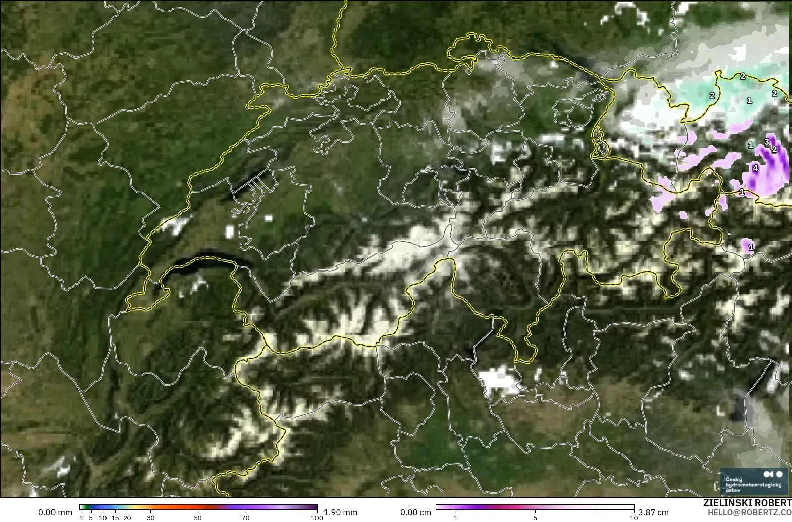 ALADIN CZ 2.3 km モデル - スイス, 降水量、雲、気圧