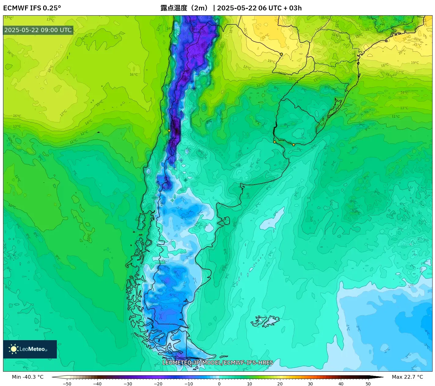 ECMWF IFS 0.25° model - アルゼンチン, 露点温度(2m) ECMWF IFS 0.25° model - アルゼンチン, 露点温度(2m)