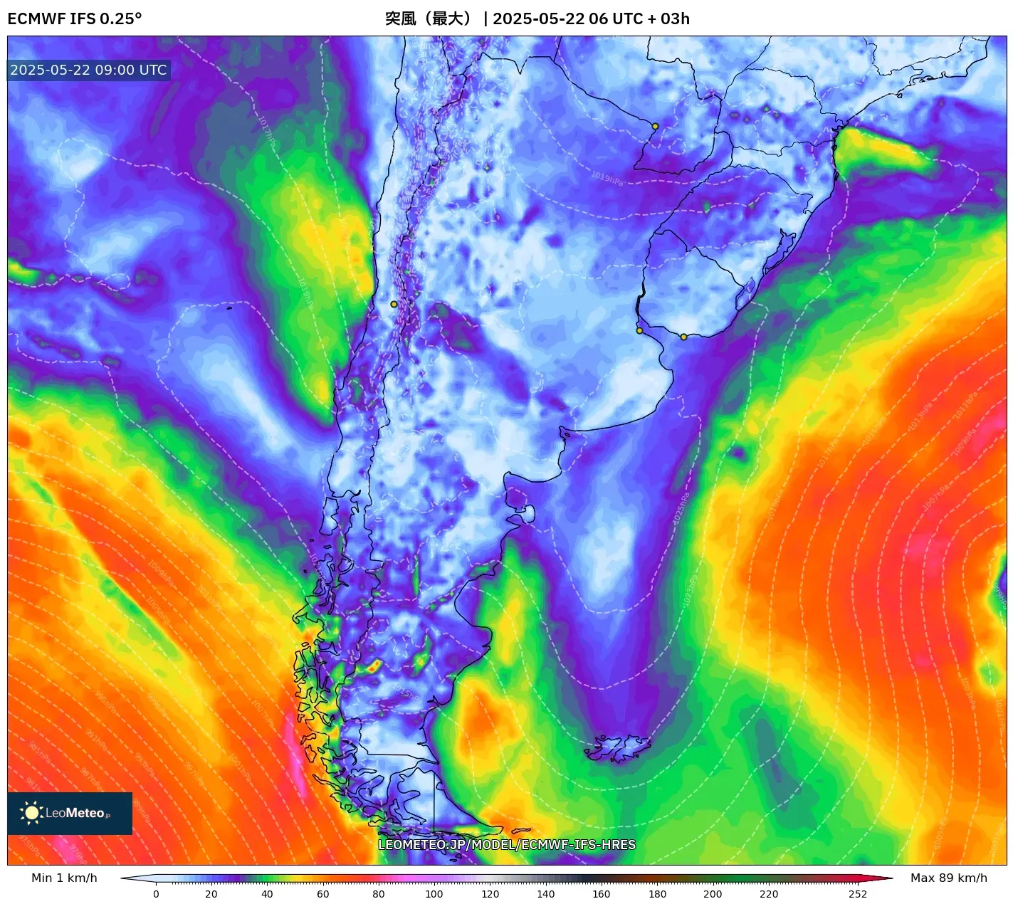 ECMWF IFS 0.25° model - アルゼンチン, 突風(最大) ECMWF IFS 0.25° model - アルゼンチン, 突風(最大)